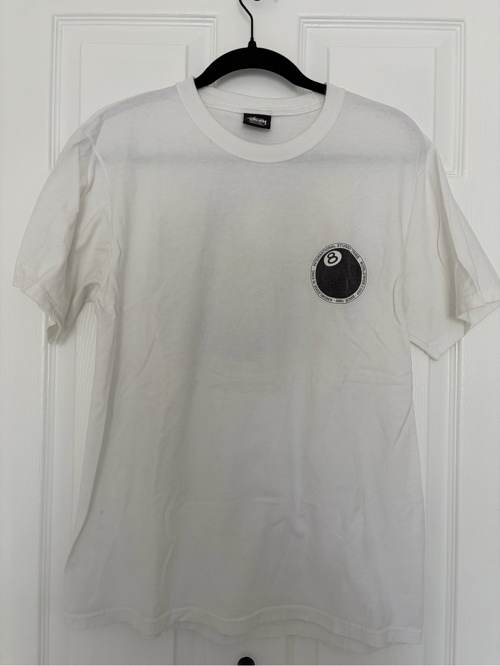Stussy White Short-Sleeve Tee with Black 8-Ball Logo